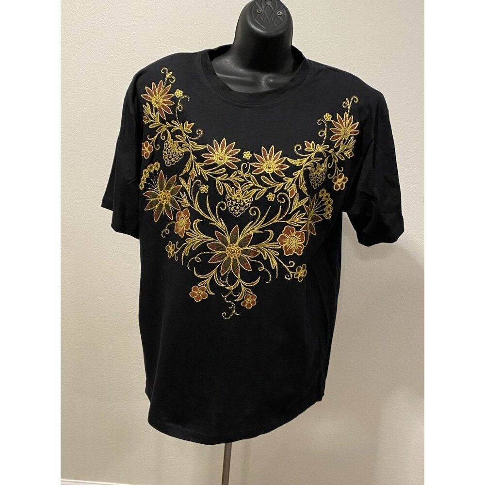 Classy Lady Womens L Dressy Tee Black With Floral Appliqué